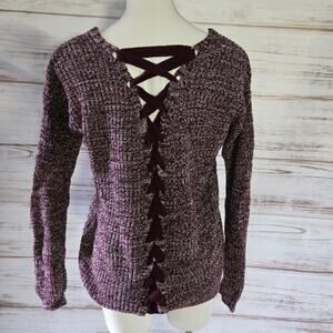 So Marled Purple Lace up Back V Neck Sweater sz Small